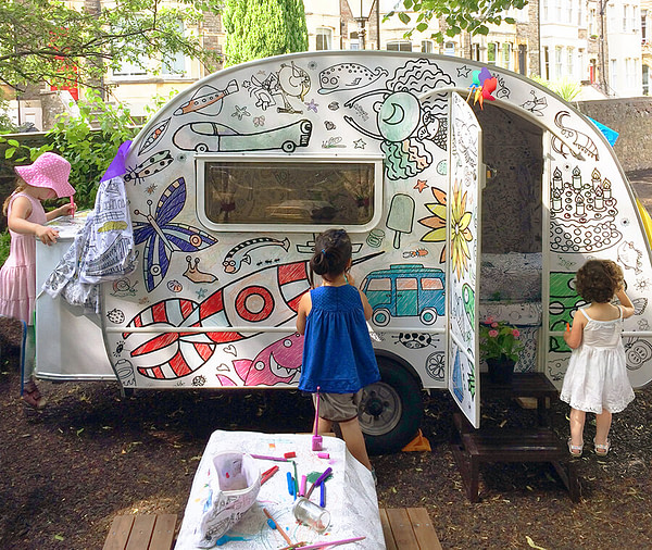 Eggnogg Colour-in Caravan - exterior - kids at Christchurch School Summer Fete